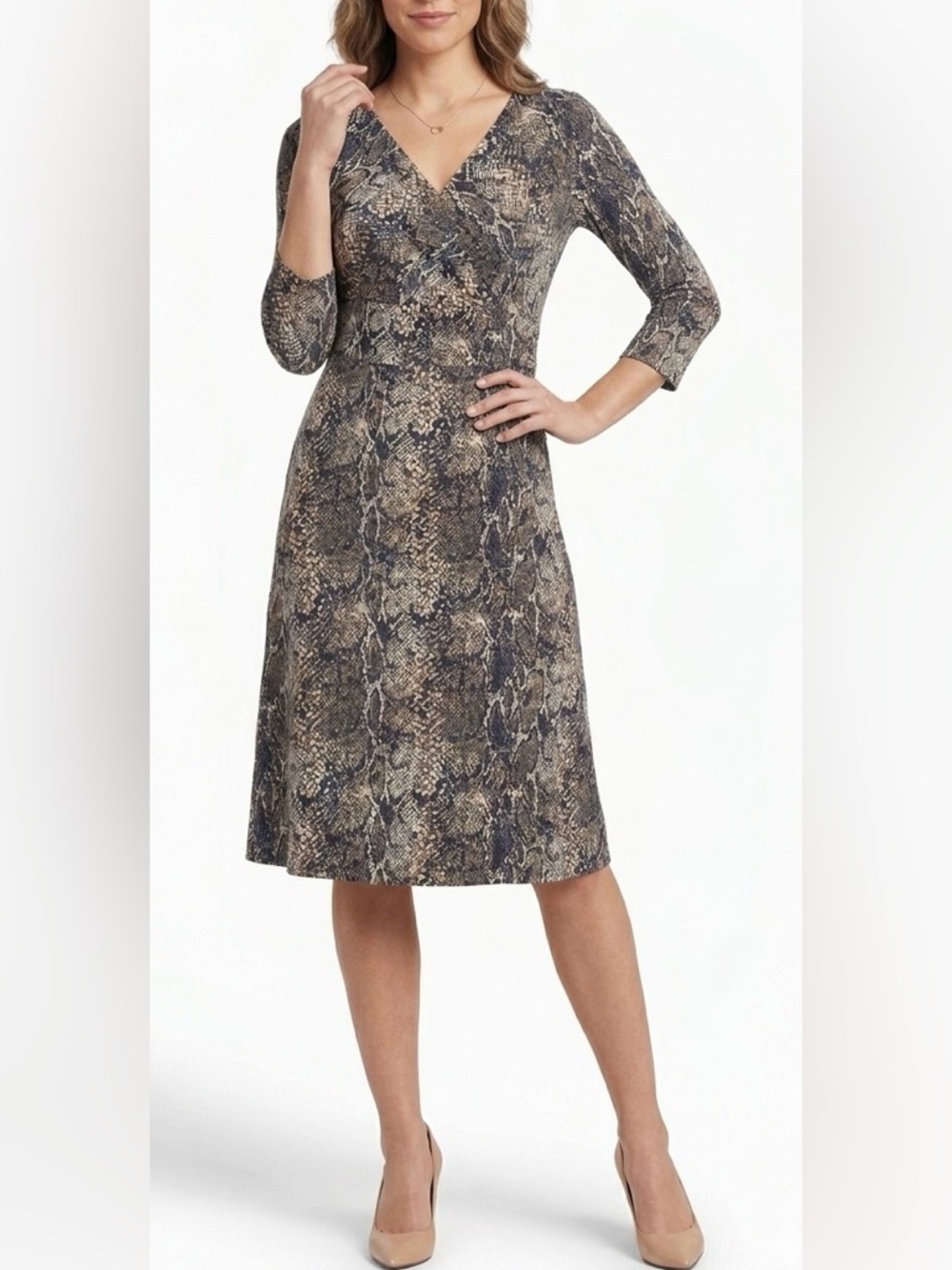 Talbots Snake Print V-Neck Midi Dress in Navy and Taupe